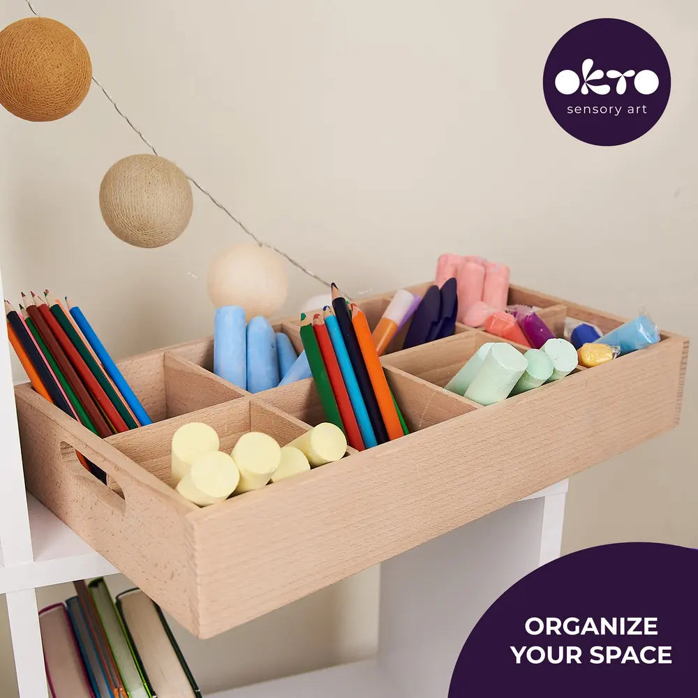 Schulbedarfs-Organizerbox aus Holz. 8 Fächer 